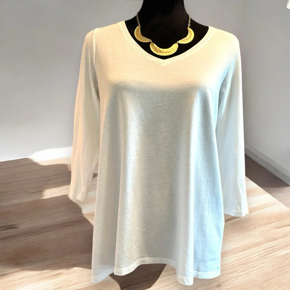 J. Jill Small White Tunic High Low 3/4 Sleeve Eyelet Pleated Accent Boho Casual‎